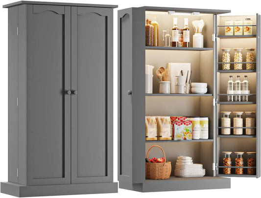 LED Kitchen Pantry Cabinet with 3 Adjustable Shelves and 2 Doors Wood Pantry Storage Cabinet with Handle for Kitchen Living Room