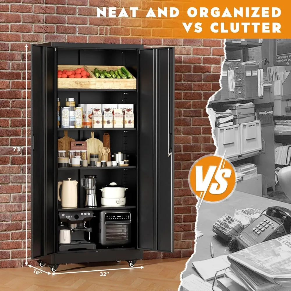 36" Metal Storage Cabinet with Wheels, Lockable Rolling Metal Garage Cabinets with 2 Doors and 4 Adjustable Shelves, Rolling To