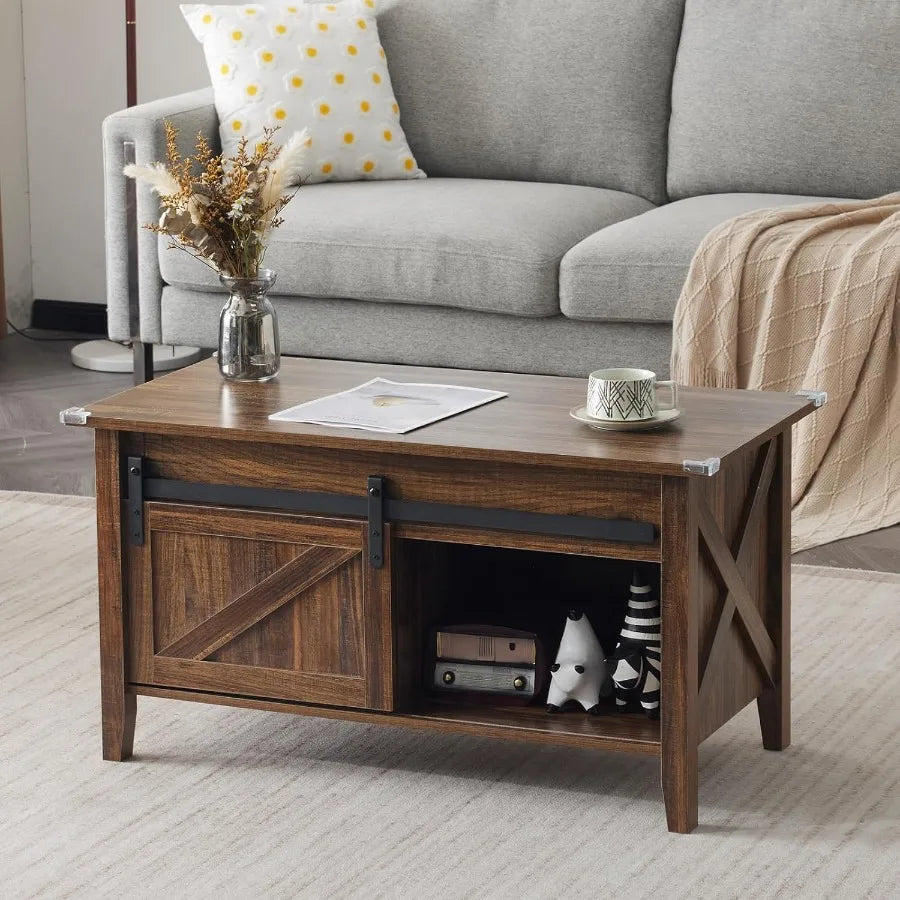 36inch Small Farmhouse Barn Door Coffee Table with Lift Top and Hidden Storage Rectangular Wooden Living Room Table with Liftin