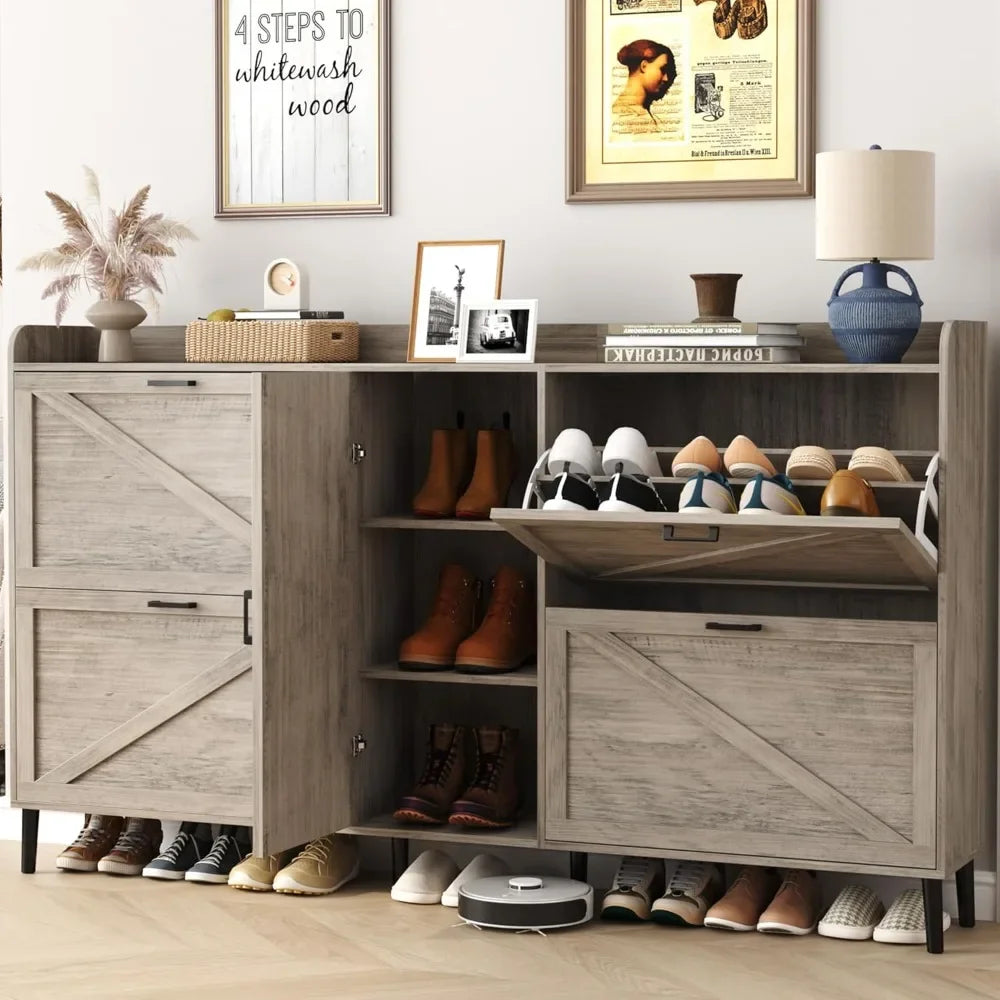 Large Shoe Cabinet with 4 Flip Drawers, Farmhouse Narrow Shoe Organizer Cabinet for Entryway, Hidden Shoe Rack w/ Adjustable Sto