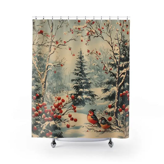 Vintage Christmas Snowy Scene Shower Curtain with Robin Bird Pattern, Waterproof Winter Bathroom Decor for Holiday Season