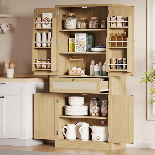 70inch Tall Kitchen Pantry, Rattan Cupboard Storage Cabinet with 1 Drawer and 6 Door Shelves for Dinning Living Room