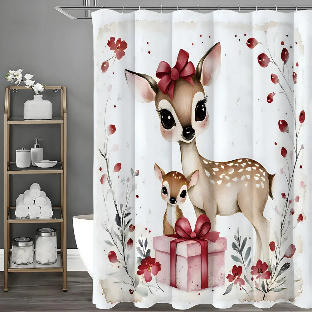 Christmas Heartful Little Deer Shower Curtain Washable Dirt-Resistant Shower Head waterproof Polyester Bath Curtain