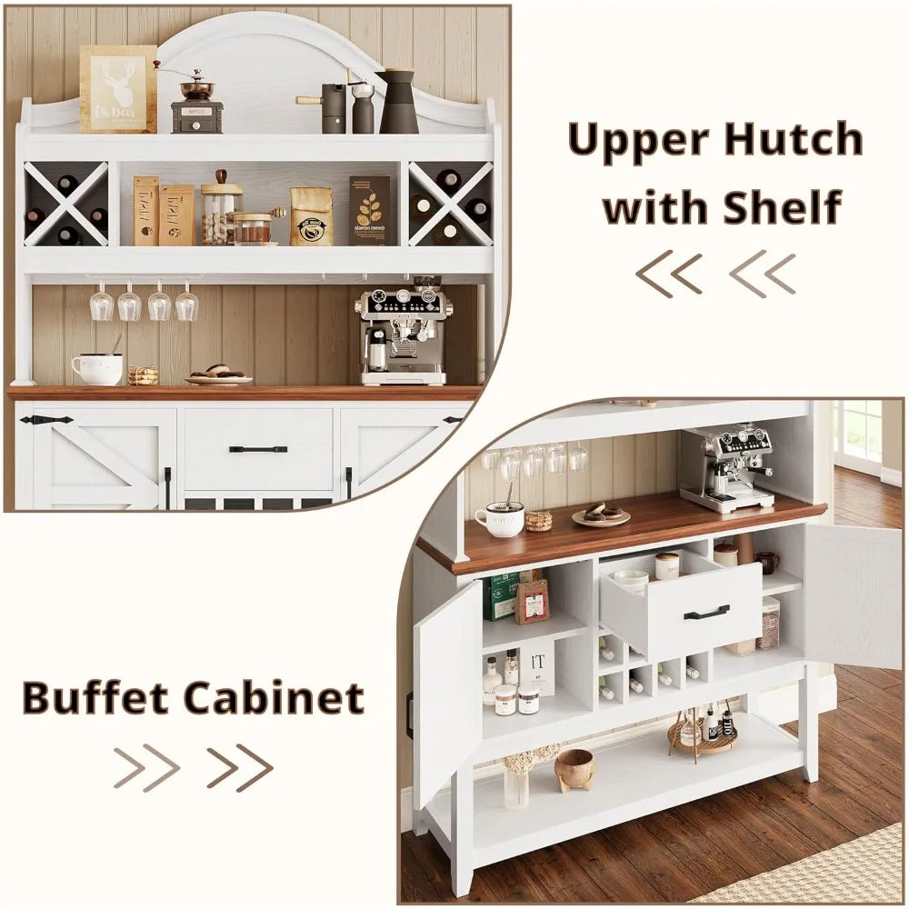Coffee Bar Cabinet, Farmhouse Large Kitchen Buffet with Hutch & Wine Glass Rack, Pantry Cabinet for Home Bar, Living Room