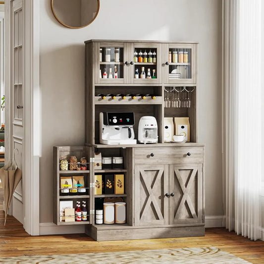 Kitchen Cabinet With Wine Rack & Power Outlet, 71" H Tall Storage Cabinet With Doors, Shelves, Drawer, Goblet Holder