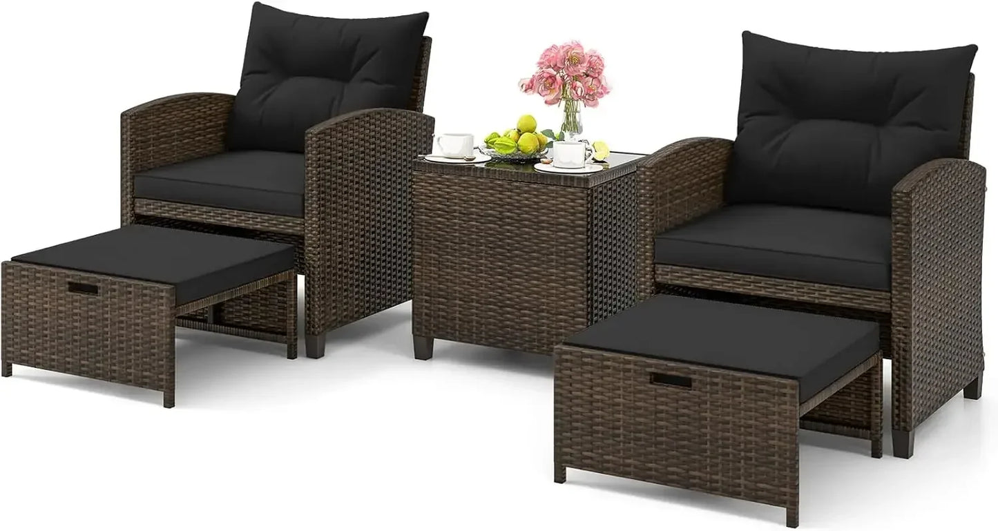 5 Pieces Patio Furniture Set with Ottoman, Wicker Conversation Set w/Cushions, Glass Coffee Table, Outdoor Rattan Lounger Chairs