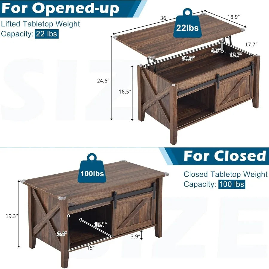 36inch Small Farmhouse Barn Door Coffee Table with Lift Top and Hidden Storage Rectangular Wooden Living Room Table with Liftin