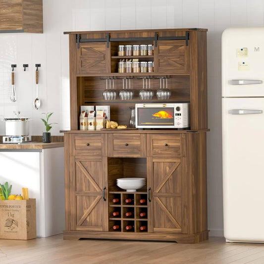 Farmhouse Coffee Bar Cabinet,72" Hutch Cabinet with Storage, Buffet Sideboard with Adjustable Shelves, Sliding Barn Door, Wine &