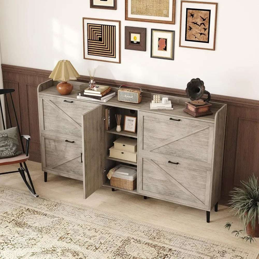 Large Shoe Cabinet with 4 Flip Drawers, Farmhouse Narrow Shoe Organizer Cabinet for Entryway, Hidden Shoe Rack w/ Adjustable Sto