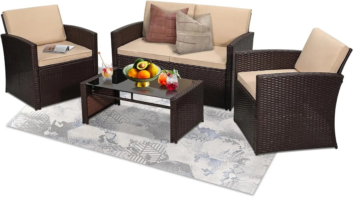 4 Pieces Patio Conversation Set, Outside Rattan Sectional Sofa, Cushioned Furniture Set, Wicker Sofa Ideal for Garden,Backyard