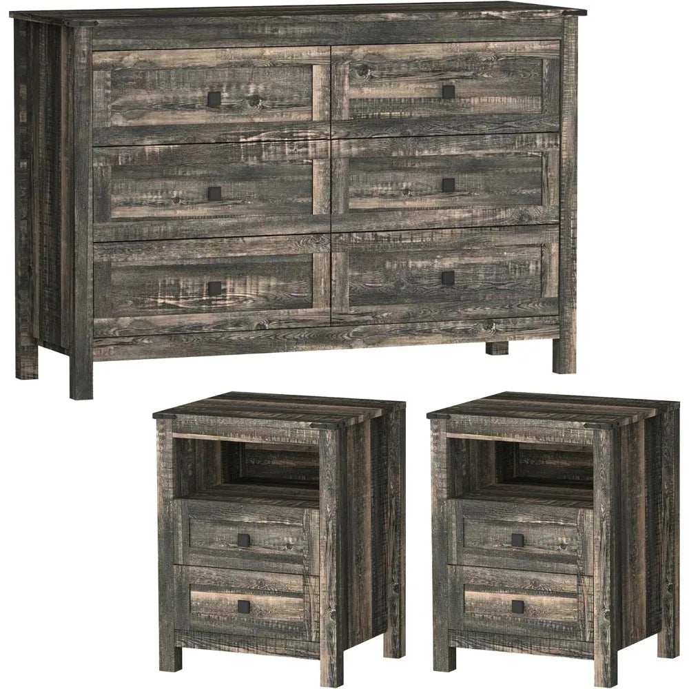 Farmhouse Bedroom Set, 3 Pieces Bedroom Furniture Set, Rustic Wood 6 Drawer Dresser and 2 Nightstands.