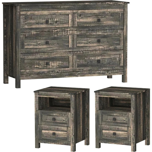Farmhouse Bedroom Set, 3 Pieces Bedroom Furniture Set, Rustic Wood 6 Drawer Dresser and 2 Nightstands.