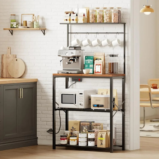 kitchen Bakers Rack with Power Outlet, Coffee Bar Table 4 Tiers, Microwave Stand with 6 S-shaped Hooks, Kitchen Storage Shelf Ra