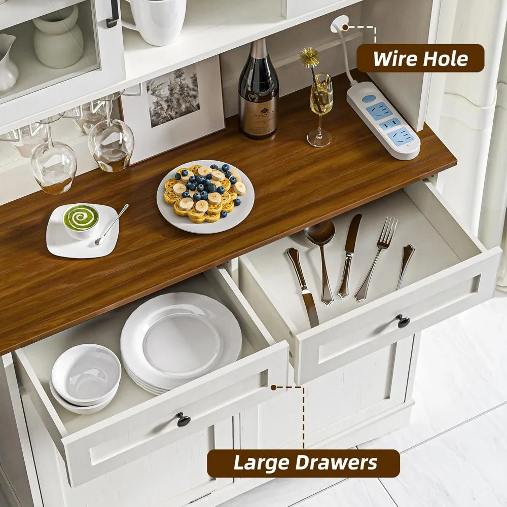 72" Kitchen Pantry Storage Cabinet with Tilt Out Trash Bin & Microwave Stand, Freestanding Coffee Hutch Bar Cabinet with Adjusta