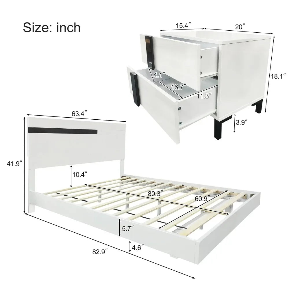 Modern High Gloss 3-Piece Bedroom Set Floating Bed Frame Queen Size Platform Bed with LED Light & 2 Nightstands, White
