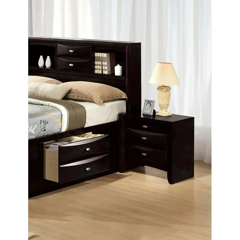 Contemporary Full Size Bed & 2 Nightstands with Headboard Bookcase in Black 3pc Bedroom Furniture Set