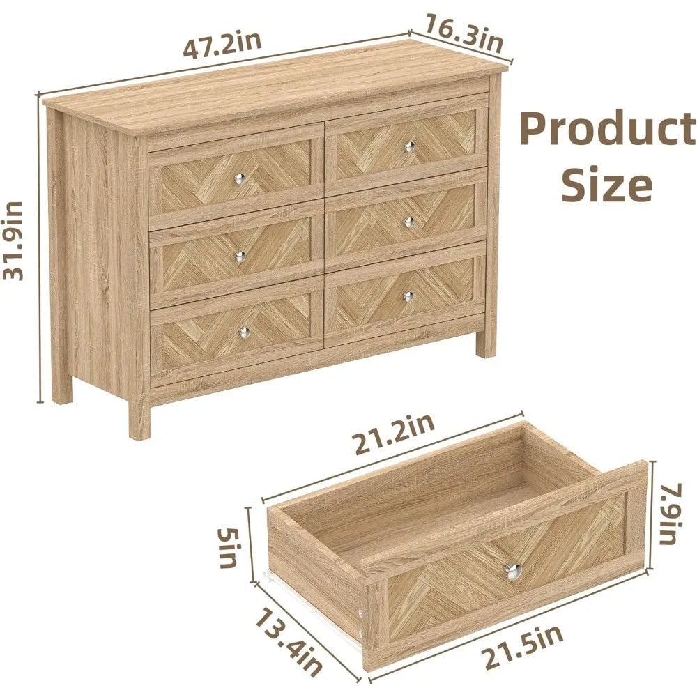 3 Pieces Bedroom Set with 6 Drawer Dresser and 2 Drawer Nightstands, Wooden Dresser and Nightstands for Bedroom, Living Room.
