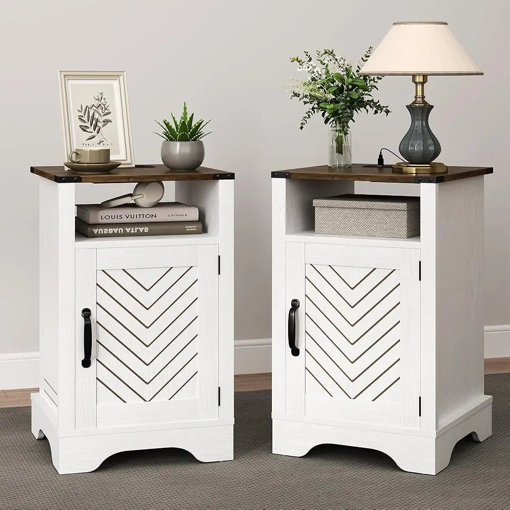 Farmhouse Nightstand, White End Table With Charging Station, Tall Bedside Table With Large Storage Room And Shelf, Wooden