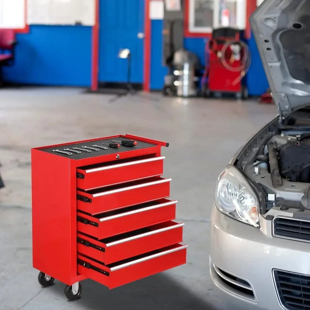 5-Drawer Rolling Tool Chest with Lockable Wheels | Storage Cabinet for Tools, Top Cushion & Liners for Garage and Workshop