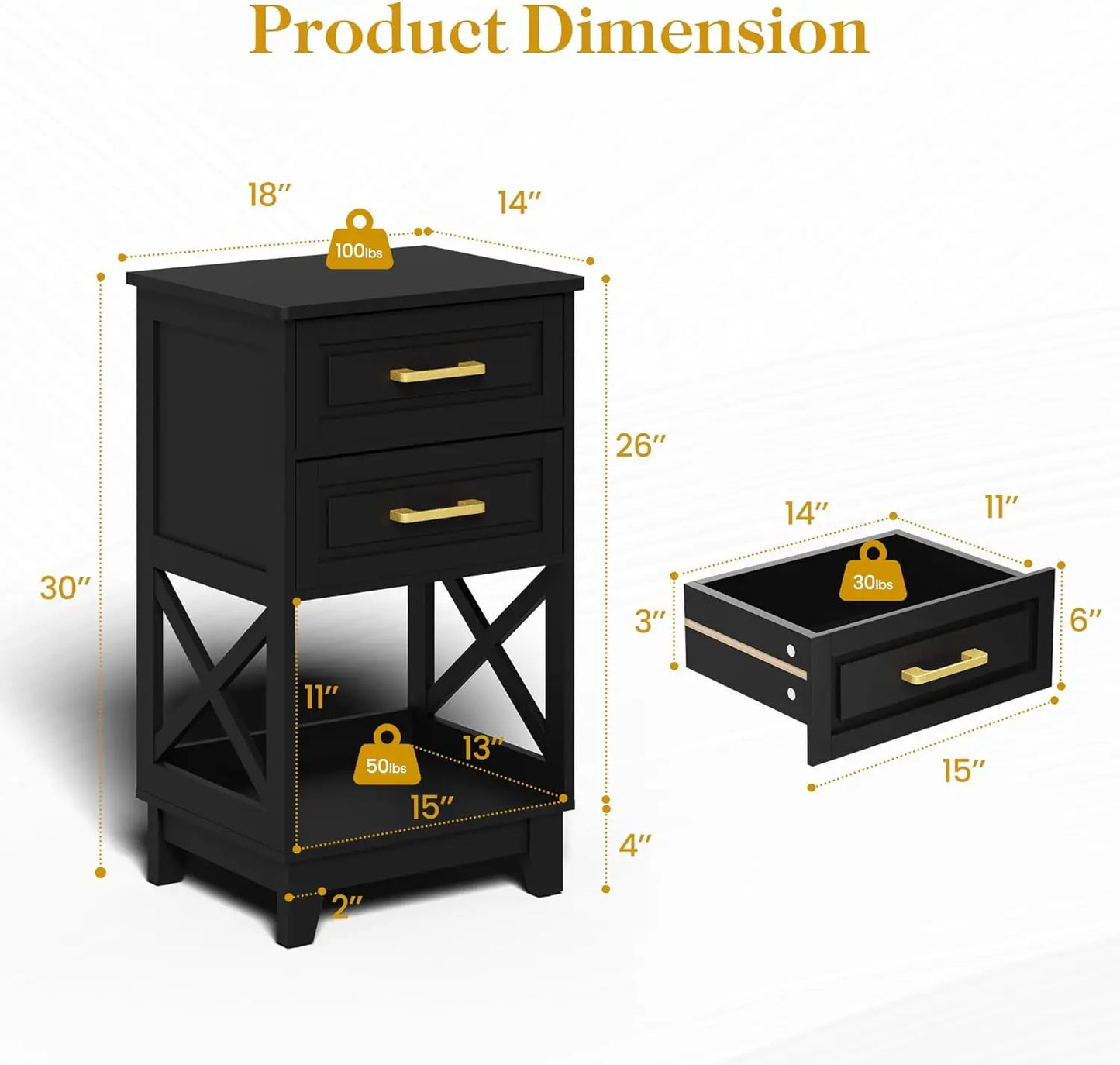 30" Tall Nightstand Set of 2, Black Beside Table with 2 Drawers and Open Shelf Below, Modern Night Stand End Table for Bedroom,