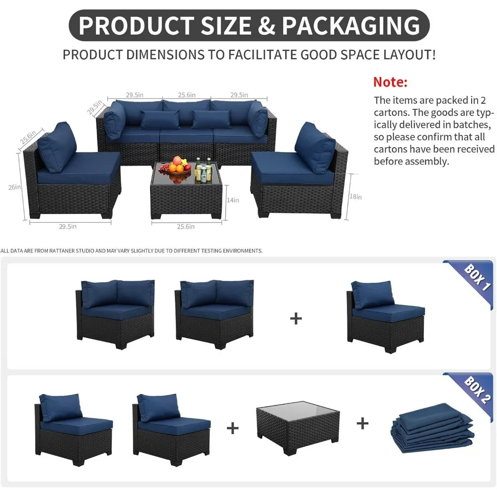 Rattaner Patio Sectional 6 Pieces All-Weather Wicker Patio Furniture Set Outdoor Sectional with Glass Patio Table Non-Slip Cushi