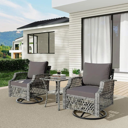 3 Piece Outdoor Swivel Chair Set, Wicker Patio Bistro Set with Thickened 25D Cushions and Glass Coffee Table, Patio Furniture C