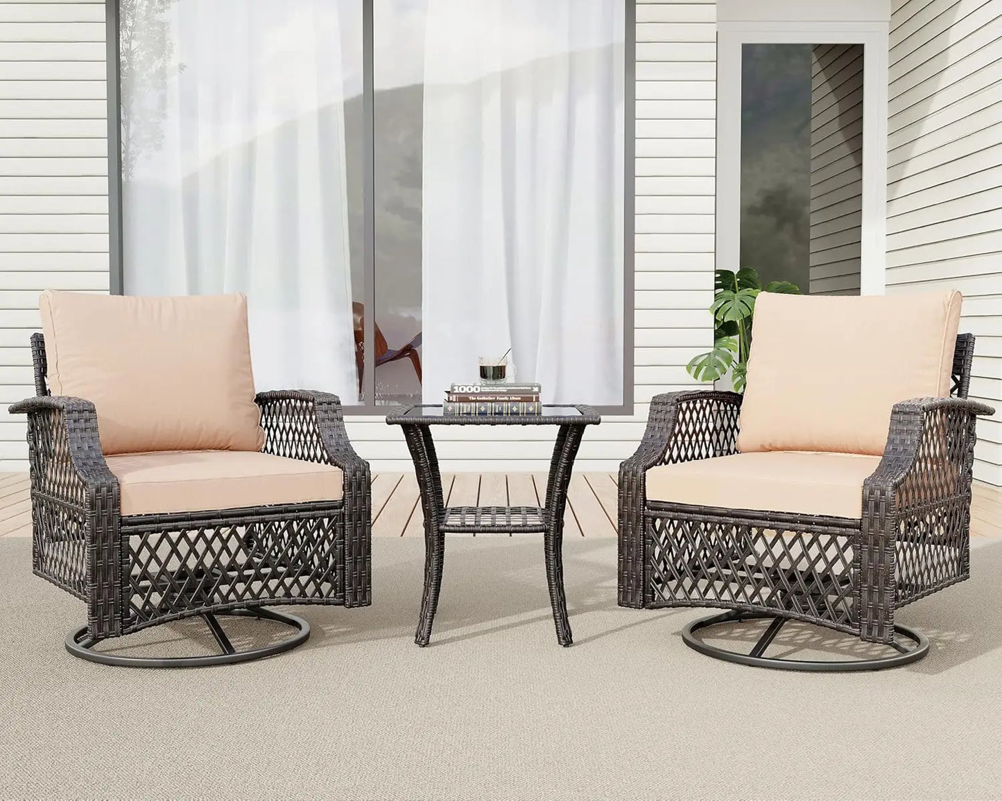 3 Piece Outdoor Swivel Chair Set, Wicker Patio Bistro Set with Thickened 25D Cushions and Glass Coffee Table, Patio Furniture C