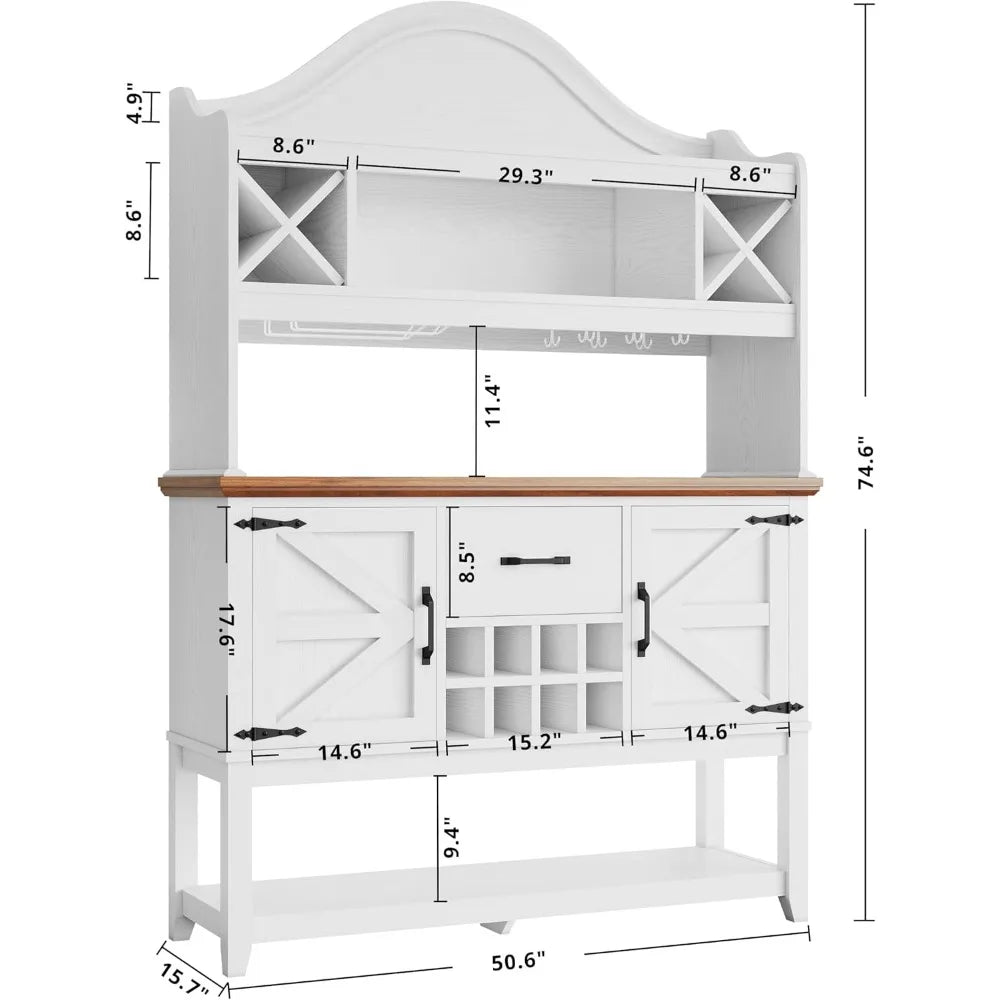 Coffee Bar Cabinet, Farmhouse Large Kitchen Buffet with Hutch & Wine Glass Rack, Pantry Cabinet for Home Bar, Living Room