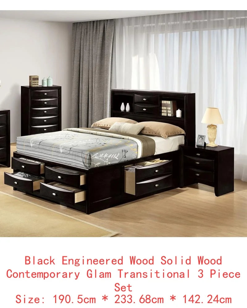 Contemporary Full Size Bed & 2 Nightstands with Headboard Bookcase in Black 3pc Bedroom Furniture Set
