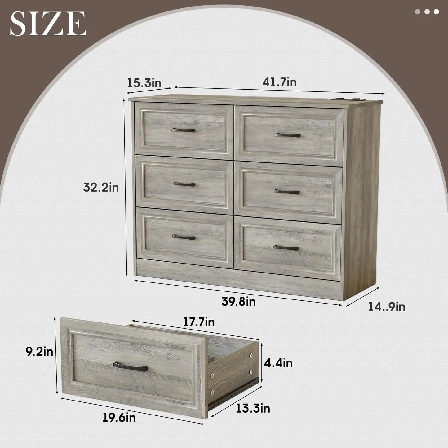Vabches 6 Drawer Dresser for Bedroom Wood Chest of Drawers with Power Strip Tall Dresser Organizer with Metal Handle for Hallway