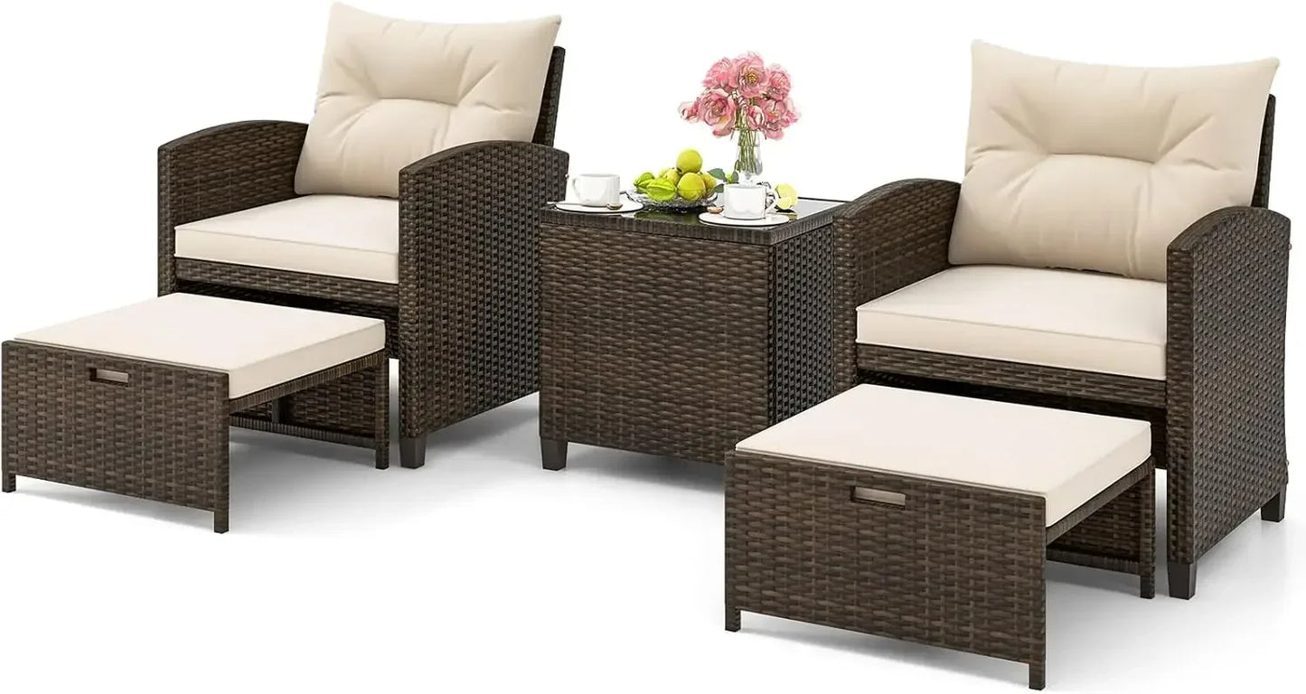 5 Pieces Patio Furniture Set with Ottoman, Wicker Conversation Set w/Cushions, Glass Coffee Table, Outdoor Rattan Lounger Chairs