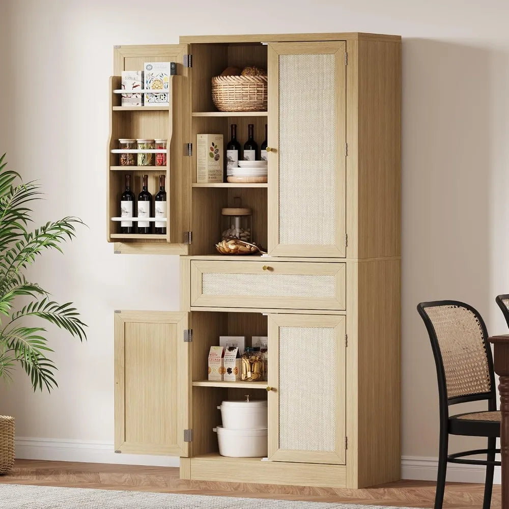 70inch Tall Kitchen Pantry, Rattan Cupboard Storage Cabinet with 1 Drawer and 6 Door Shelves for Dinning Living Room