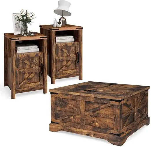 3-Piece Farmhouse Table Set Includes 31” Coffee Table and Side Tables with Storage Space, Retro Tables for Living Room, Brown
