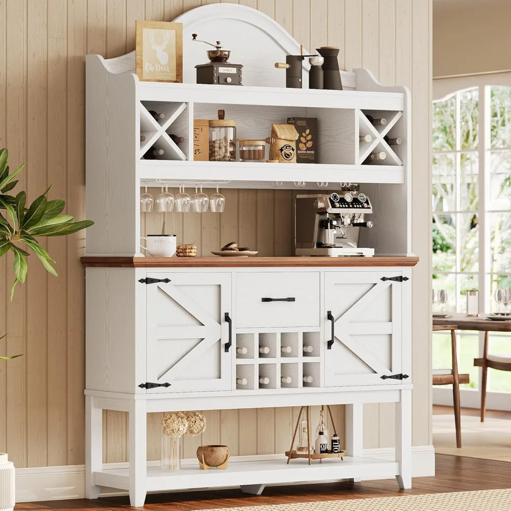 Coffee Bar Cabinet, Farmhouse Large Kitchen Buffet with Hutch & Wine Glass Rack, Pantry Cabinet for Home Bar, Living Room
