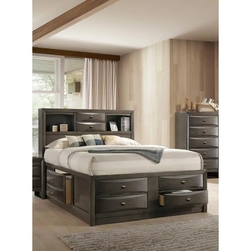 Contemporary King Size Bed Set with 2 Nightstands and Headboard in Gray - 3 Piece Bedroom Furniture