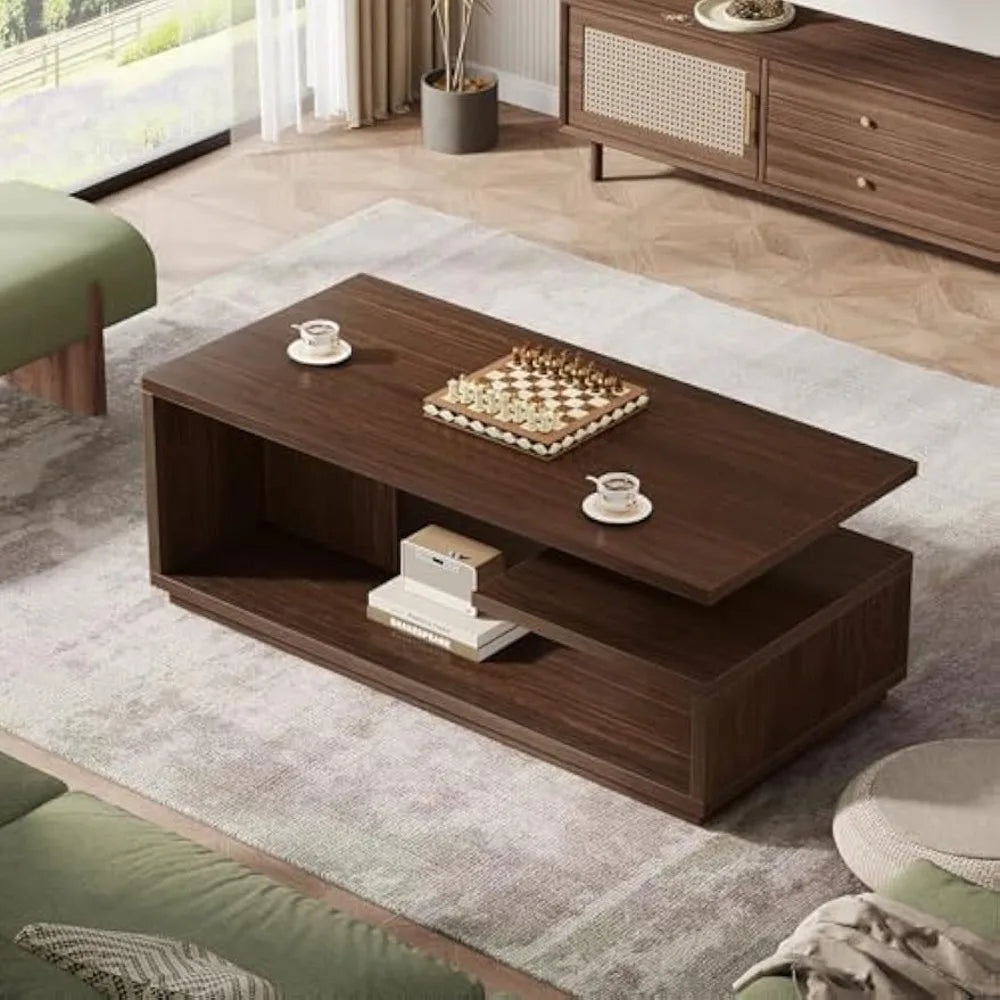 47.24" Coffee Table with Storage Shelf, Mid-Century Modern Center Table, 3-Tier Rectangle Wooden Tea Table with Thick Base