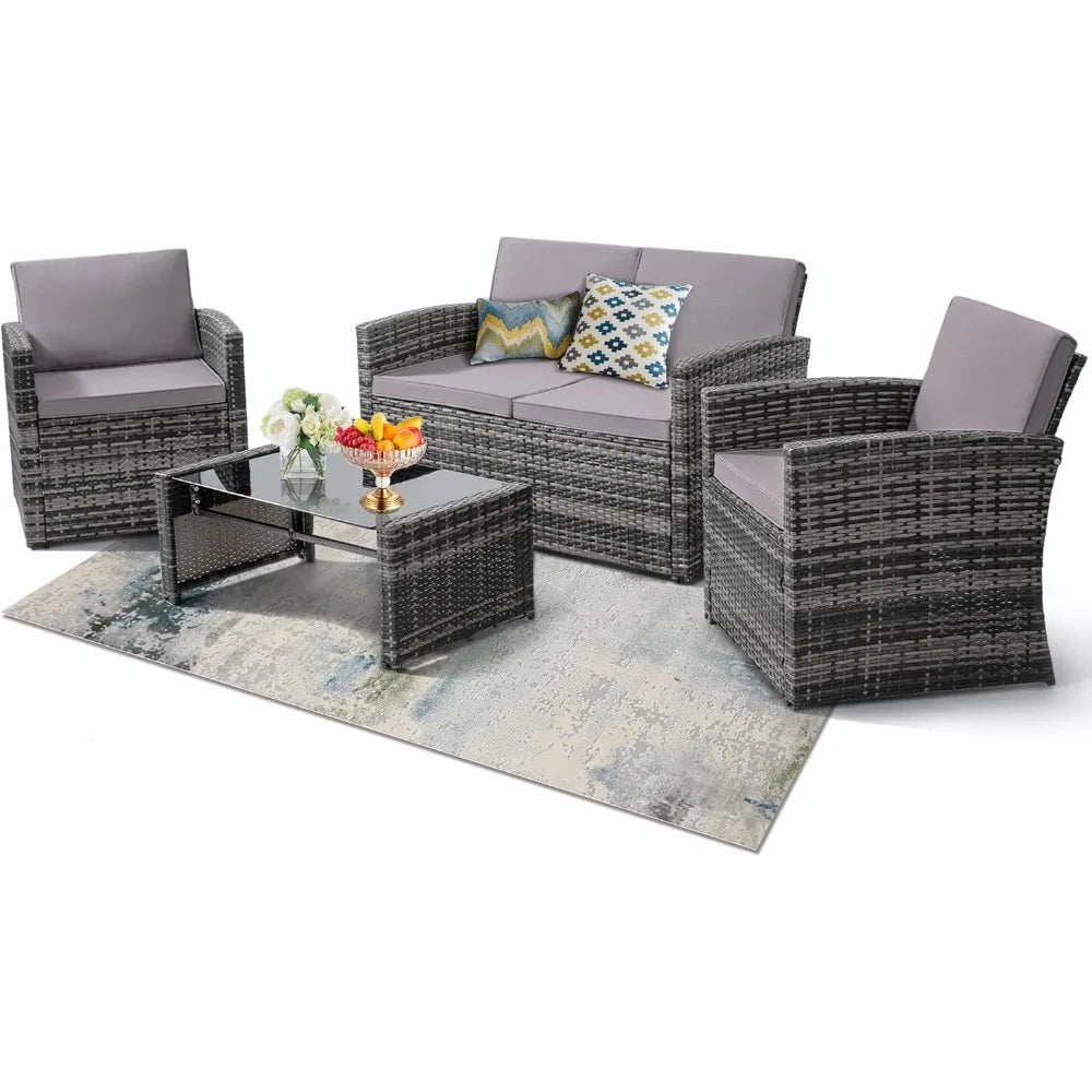 4 Pieces Patio Conversation Set, Outside Rattan Sectional Sofa, Cushioned Furniture Set, Wicker Sofa Ideal for Garden,Backyard