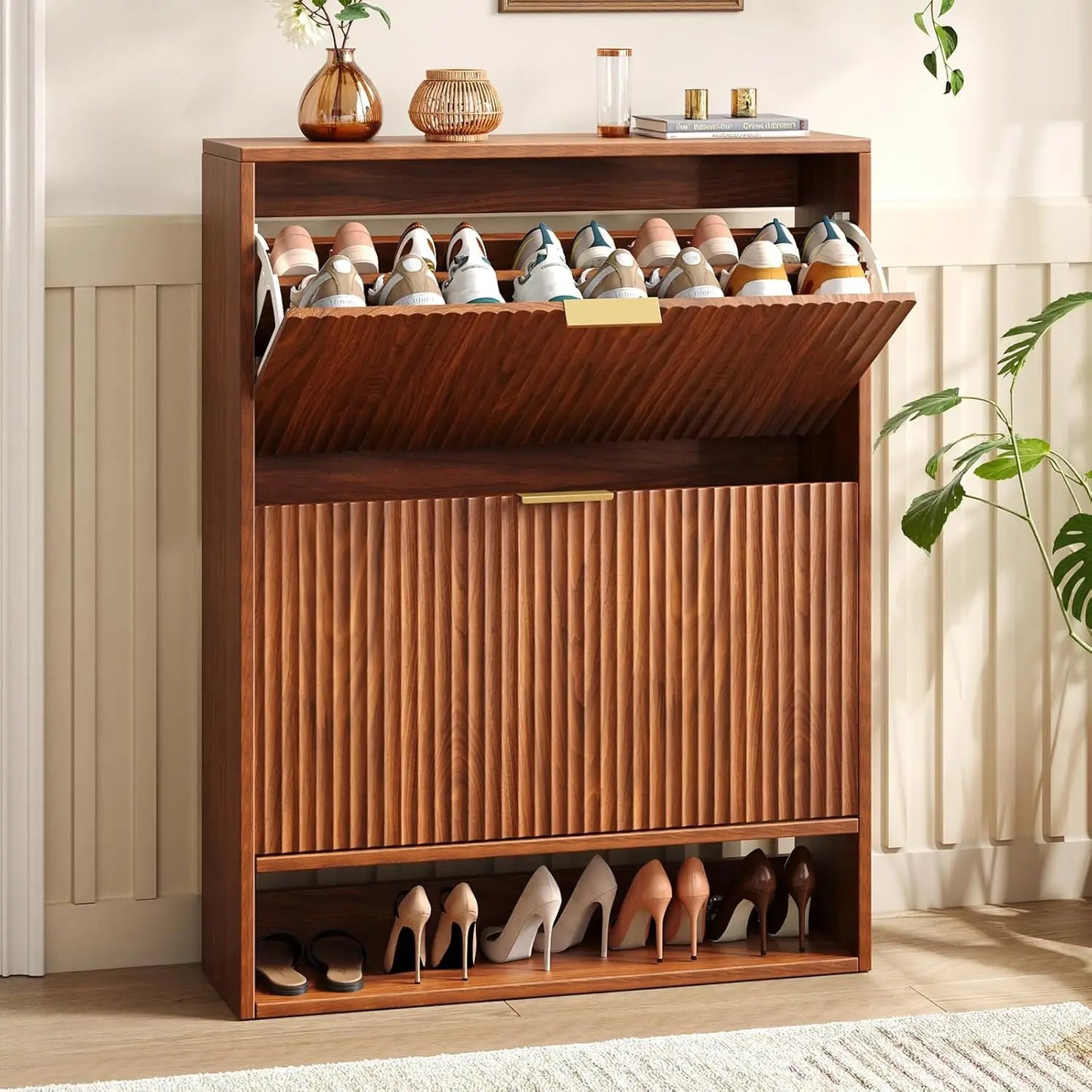 31.5''W Walnut Shoe Storage Cabinet for Entryway with 2 Flip Drawers, Fluted Slim Shoe Cabinet, Free Standing Wooden Shoes