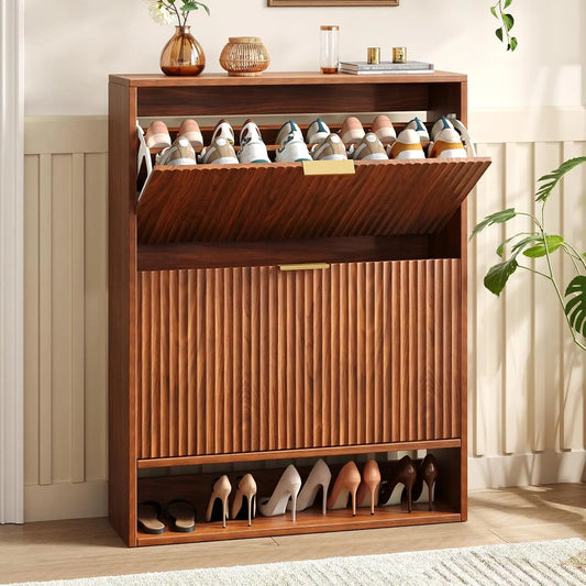 31.5''W Walnut Shoe Storage Cabinet for Entryway with 2 Flip Drawers, Fluted Slim Shoe Cabinet, Free Standing Wooden Shoes