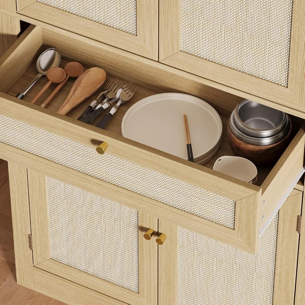 70inch Tall Kitchen Pantry, Rattan Cupboard Storage Cabinet with 1 Drawer and 6 Door Shelves for Dinning Living Room