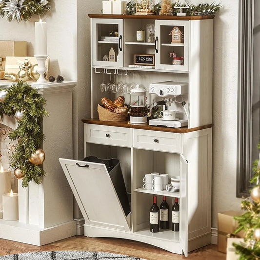 72" Kitchen Pantry Storage Cabinet with Tilt Out Trash Bin & Microwave Stand, Freestanding Coffee Hutch Bar Cabinet with Adjusta
