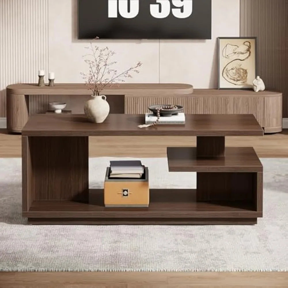 47.24" Coffee Table with Storage Shelf, Mid-Century Modern Center Table, 3-Tier Rectangle Wooden Tea Table with Thick Base