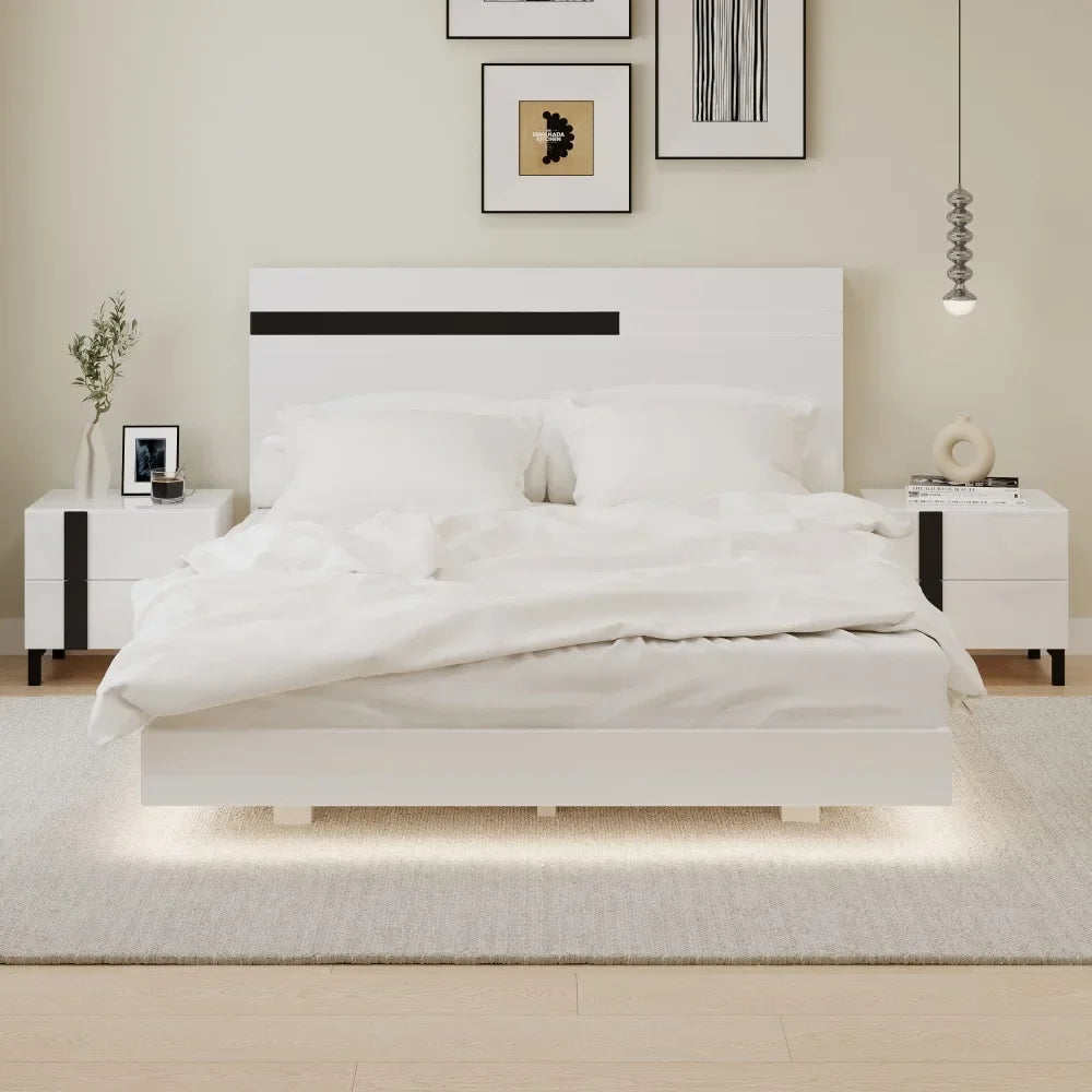 Modern High Gloss 3-Piece Bedroom Set Floating Bed Frame Queen Size Platform Bed with LED Light & 2 Nightstands, White