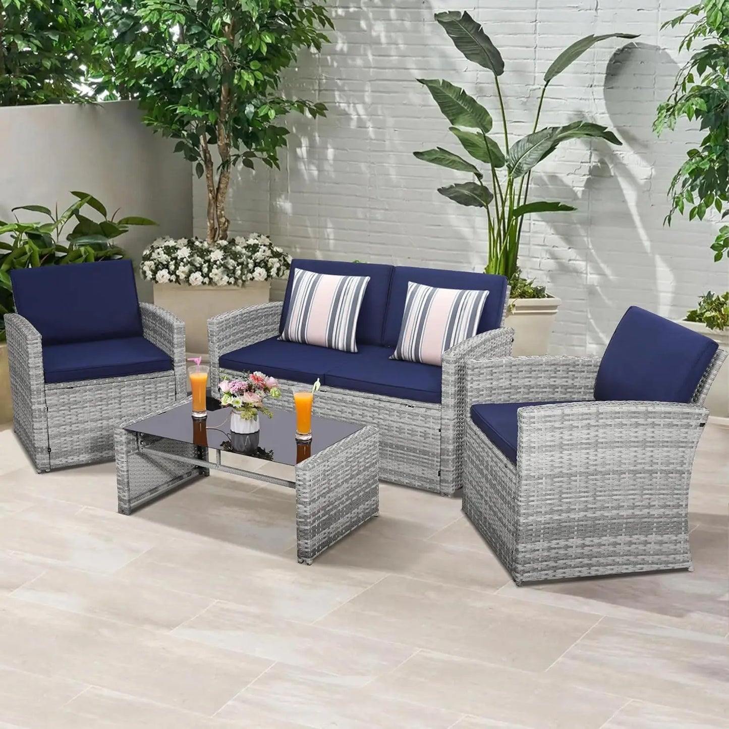 4 Pieces Patio Conversation Set, Outside Rattan Sectional Sofa, Cushioned Furniture Set, Wicker Sofa Ideal for Garden,Backyard