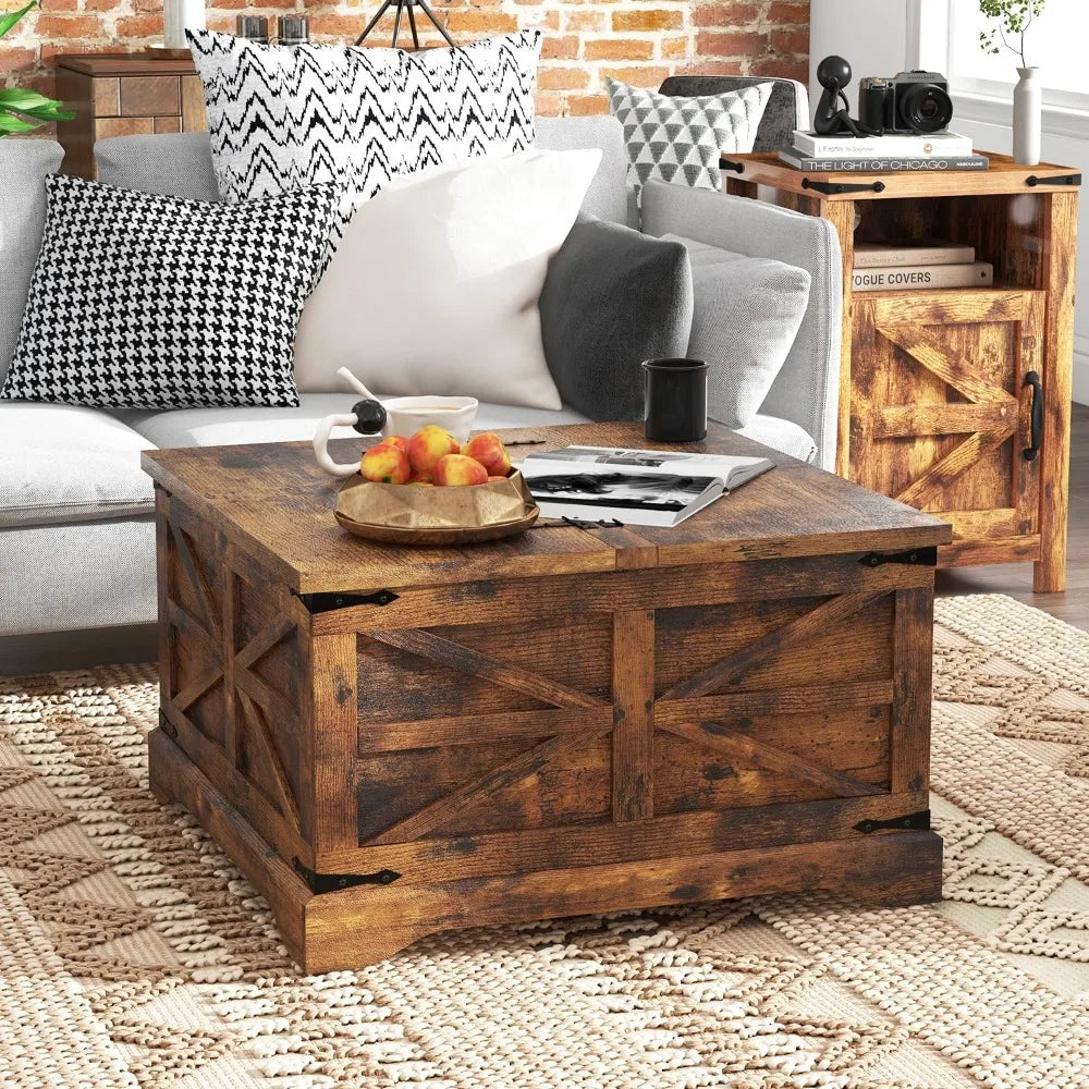 3-Piece Farmhouse Table Set Includes 31” Coffee Table and Side Tables with Storage Space, Retro Tables for Living Room, Brown