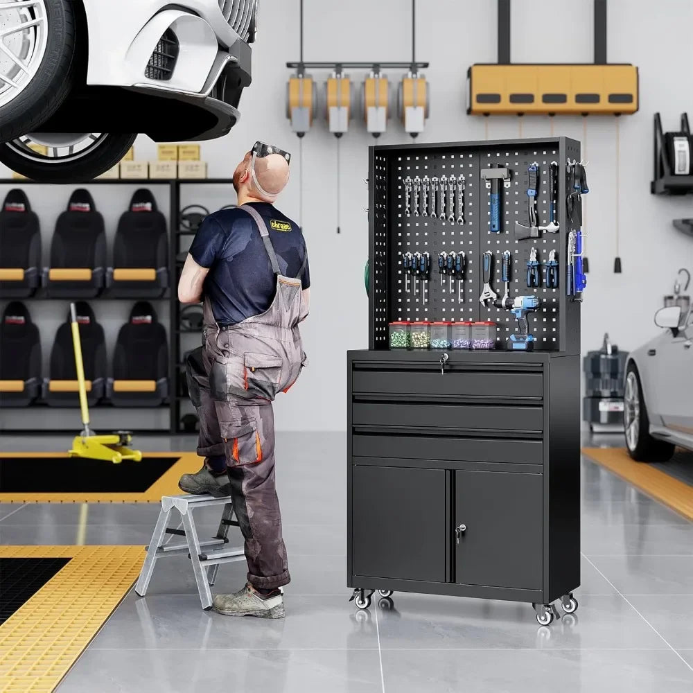 Metal Garage Storage Cabinet with Wheels,3-Drawer Rolling Tool Cabinet with 2 Door and Adjustable Shelves,