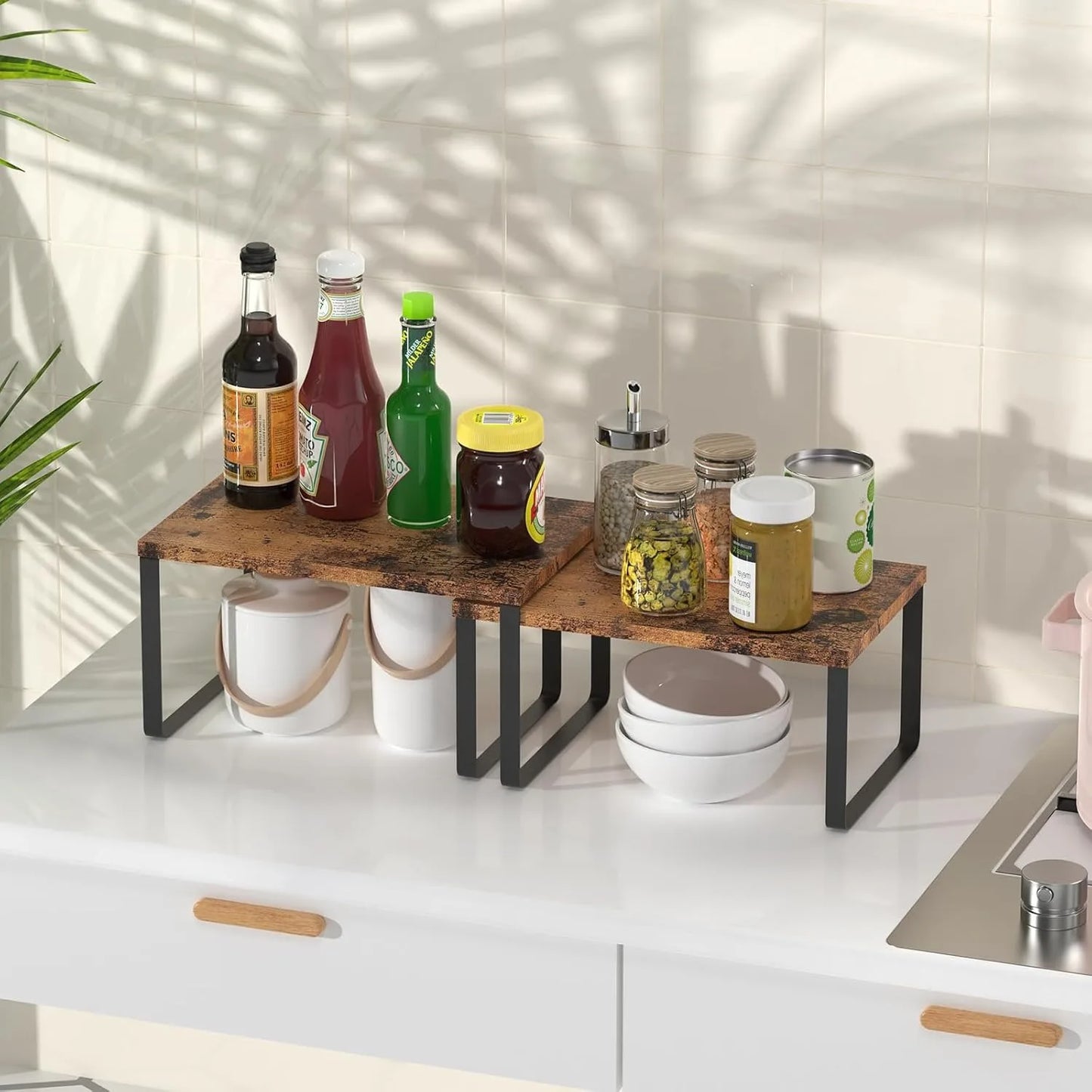 4-Pack Wooden Expandable Countertop Shelves - Stackable Organizer for Kitchen/Bathroom Cabinets, Brown