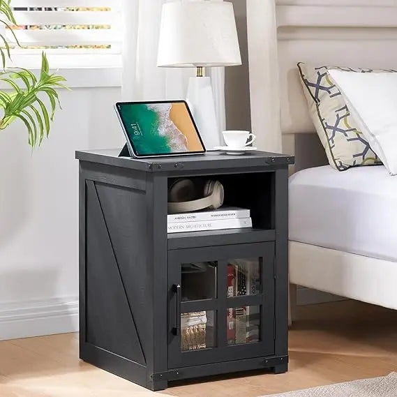 Farmhouse Nightstand with Charging Station, Rustic End Table with Tempered Glass Barn Door, Wood Sofa Side Bedside Table with Op