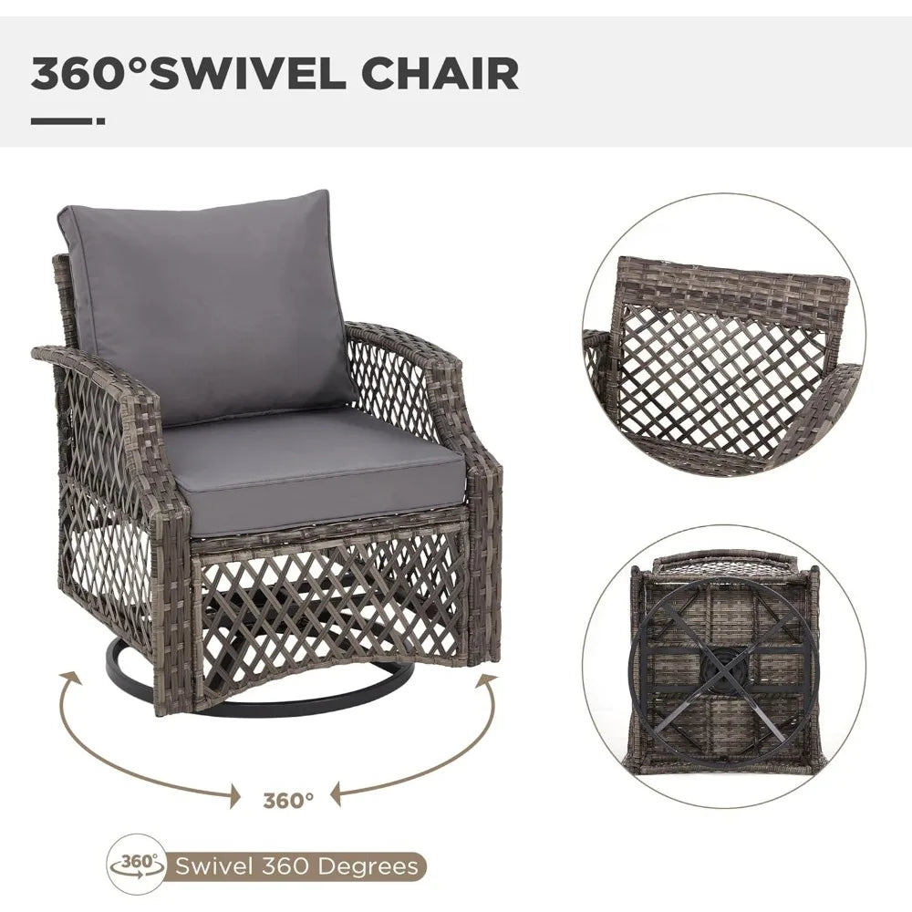 3 Piece Outdoor Swivel Chair Set, Wicker Patio Bistro Set with Thickened 25D Cushions and Glass Coffee Table, Patio Furniture C