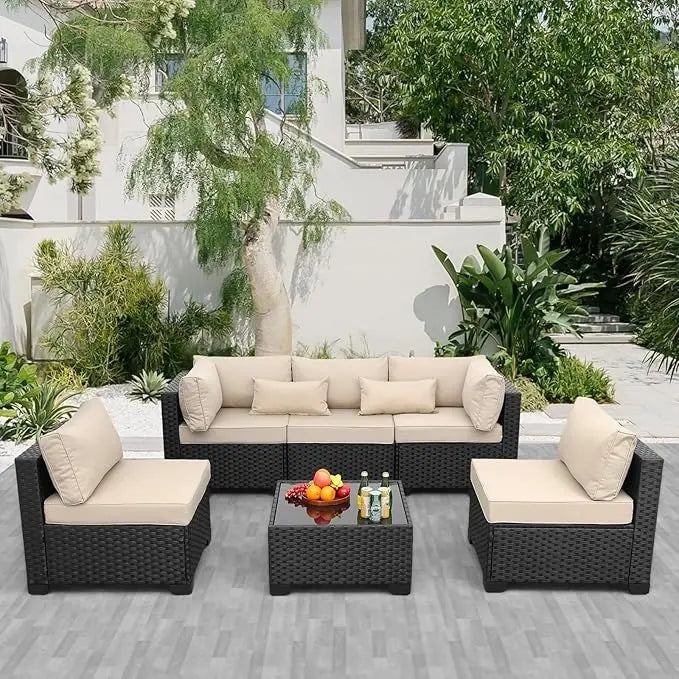 Rattaner Patio Sectional 6 Pieces All-Weather Wicker Patio Furniture Set Outdoor Sectional with Glass Patio Table Non-Slip Cushi